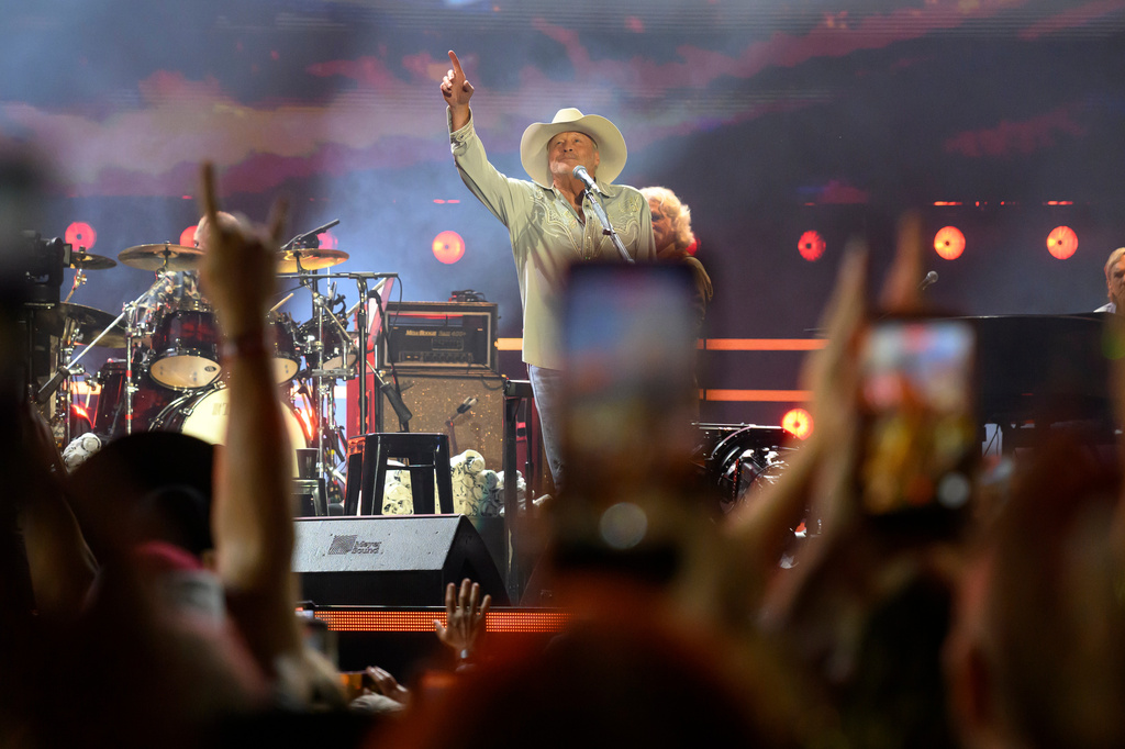 Alan Jackson performs during his final farewell concert called, "Last Call: One More for the Road - The Finale," at Nissan Stadium, Saturday, June 27, 2026, in Nashville, Tenn. (AP Photo/John Amis)