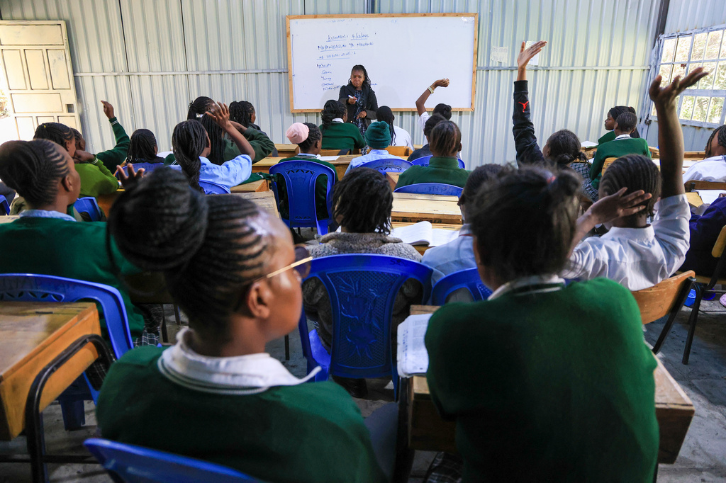 Florida Cherotich teaches Swahili lesson at Greenland Girls School in Kiserian, Kajiado, Kenya, March 5, 2026. (AP Photo/Andrew Kasuku)