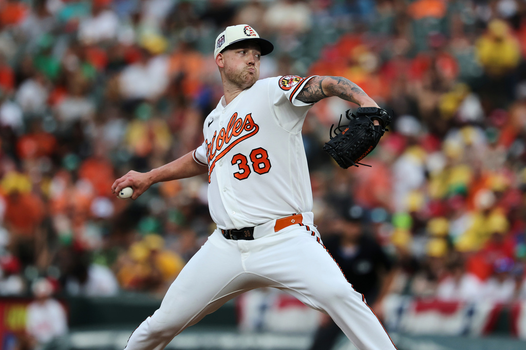 Baltimore Orioles pitcher Kyle Bradish throws during the third inning of a baseball game against the Kansas City Royals, Saturday, July 11, 2026, in Baltimore. (AP Photo/Terrance Williams)
