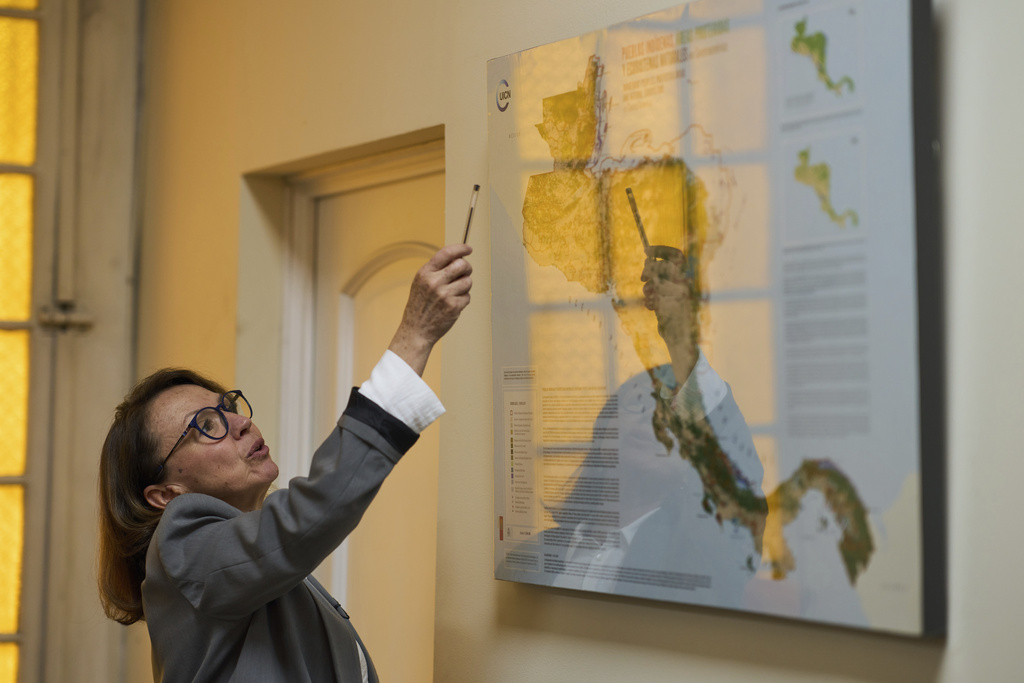 Guatemalan Minister of Environment and Natural Resources Patricia Orantes points to a map of Central America during an interview about the planned "Great Mayan Jungle Biocultural Corridor" in Guatemala City, Tuesday, Aug. 19, 2025. (AP Photo/Moises Castillo)