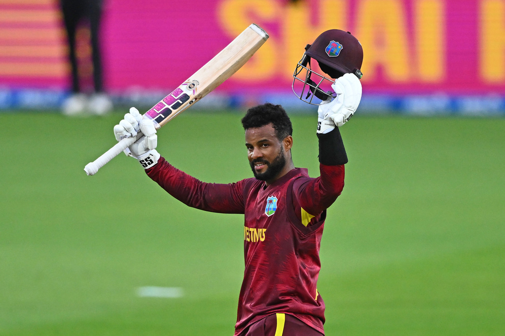 West Indies' Shai Hope celebrates making 100 runs against New Zealand during their One Day International cricket match in Napier, New Zealand, Wednesday Nov. 19, 2025. (Kerry Marshall/Photosport via AP)