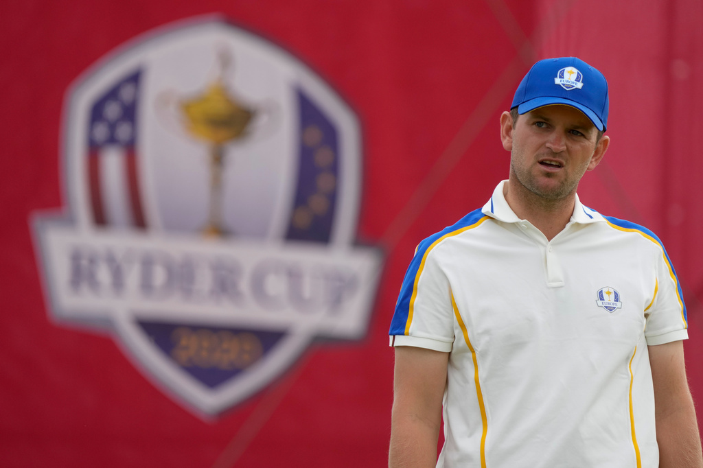 FILE - Team Europe's Bernd Wiesberger reacts after missing his putt on the 15th hole during a Ryder Cup singles match at the Whistling Straits Golf Course Sunday, Sept. 26, 2021, in Sheboygan, Wis. (AP Photo/Charlie Neibergall, File)