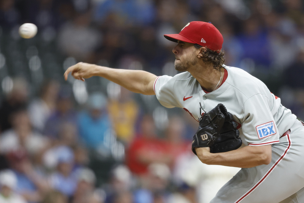 Philadelphia Phillies' Aaron Nola pitches during the first inning of a baseball game against the Milwaukee Brewers, Wednesday, Sept. 3, 2025, in Milwaukee. (AP Photo/Jeffrey Phelps)