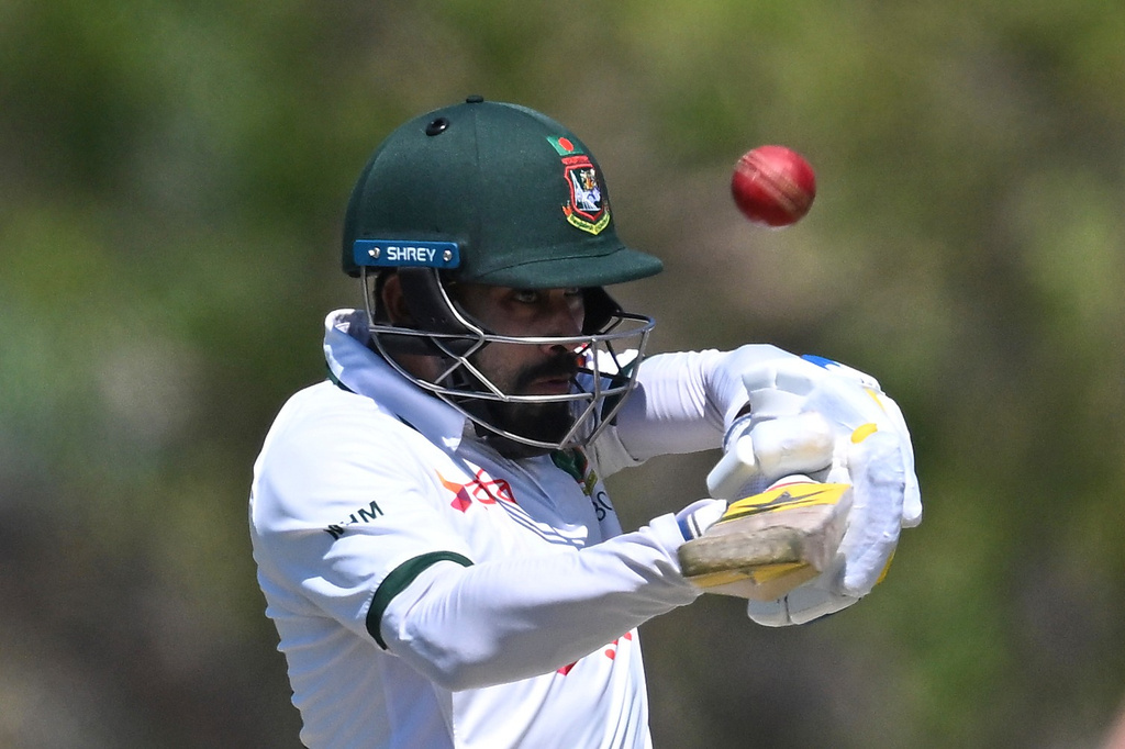 Mehidy Hasan Miraz of Bangladesh bats during play on day three of the first cricket test in Darwin, Australia, Saturday, Aug.15, 2026, (James Ross/AAPImage via AP)