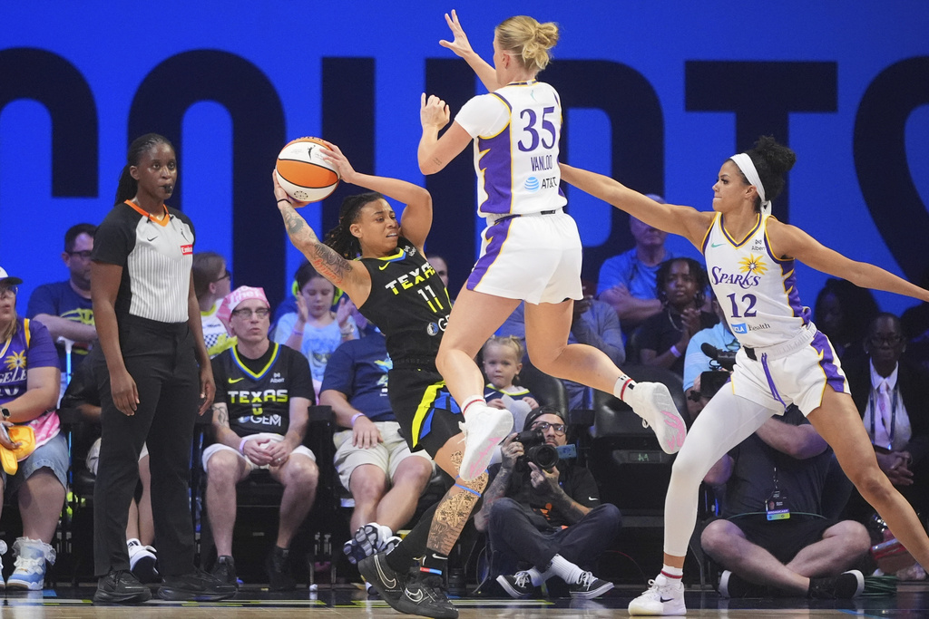 Dallas Wings guard JJ Quinerly (11) faces Los Angeles Sparks defenders Julie Vanloo (35) and Rae Burrell (12) during the first half of a WNBA basketball game in Arlington, Texas, Friday, Aug. 15, 2025. (AP Photo/LM Otero)