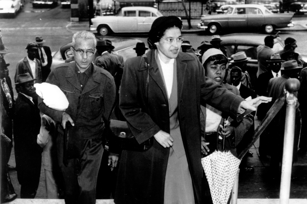 FILE - Rosa Parks arrives at circuit court to be arraigned in the racial bus boycott in Montgomery, Ala., Feb. 24, 1956. (AP Photo, File)
