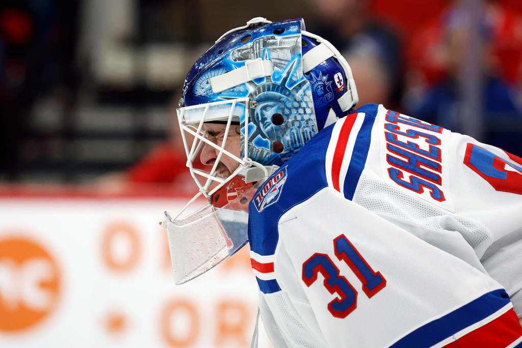 New York Rangers goaltender Igor Shesterkin (31) takes a break during a time out In the second period of an NHL hockey game against the Carolina Hurricanes in Raleigh, N.C., Wednesday, Nov. 26, 2025. (AP Photo/Karl DeBlaker)