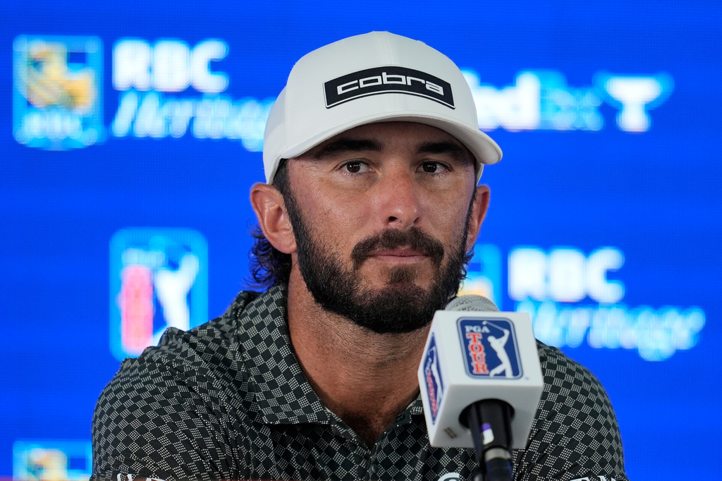 Max Homa speaks during a practice round at the RBC Heritage golf tournament, Wednesday, April 15, 2026, in Hilton Head Island,, S.C. (AP Photo/Mike Stewart)