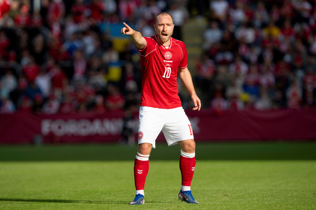 Denmark's Christian Eriksen reacts during the international football match between Denmark and Ukraine, in Odense, Denmark, Sunday, June 7, 2026. (Bo Amstrup/Ritzau Scanpix via AP)