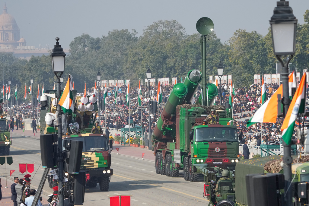 Indian Army soldiers display Unified rocket launcher systems and Brahmos missiles during the Republic Day parade celebrations in New Delhi, India, Monday, Jan. 26, 2026. (AP Photo/Manish Swarup)
