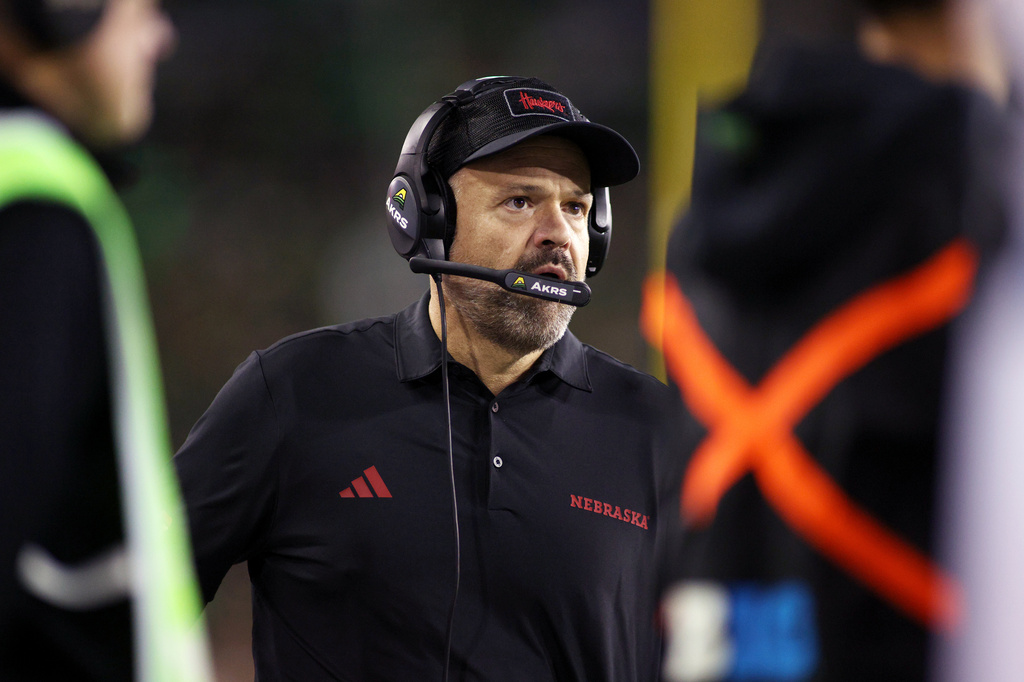 Nebraska head coach Matt Rhule watches gameplay during the first half of an NCAA college football game against Oregon, Saturday, Oct. 17, 2026, in Eugene, Ore. (AP Photo/Lydia Ely)
