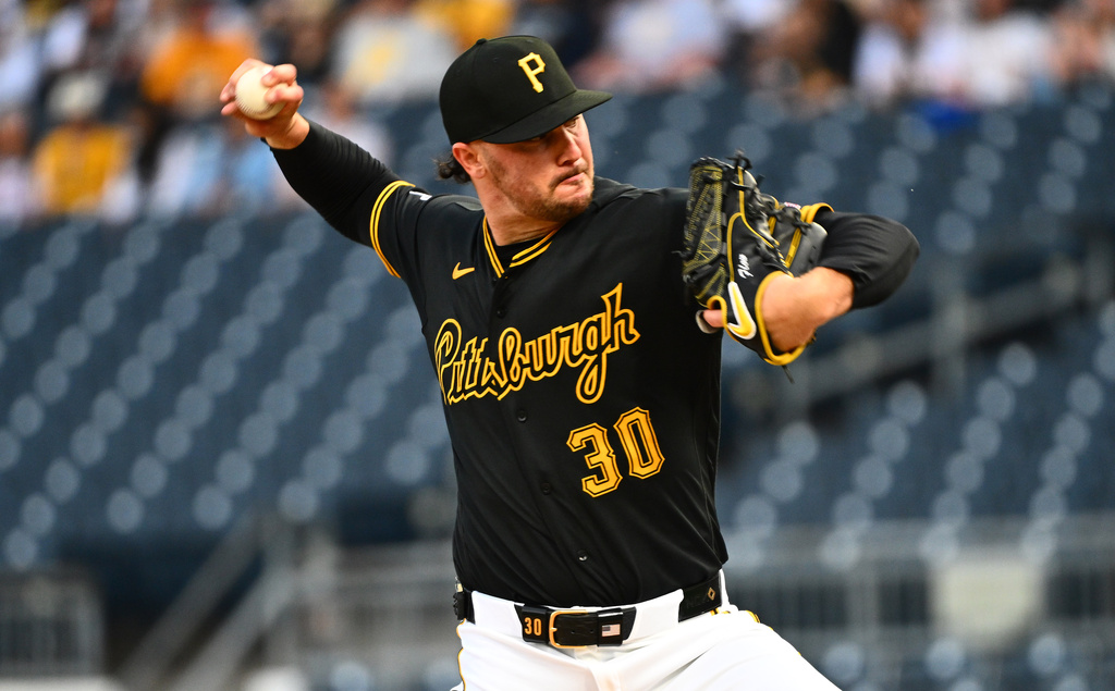 Pittsburgh Pirates pitcher Paul Skenes delivers during the first inning of a baseball game against the Colorado Rockies in Pittsburgh, Tuesday, May 12, 2026. (AP Photo/Justin Berl)