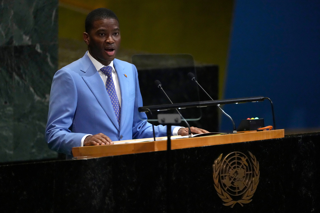 Prime Minister of Grenada Philip Dickon Mitchell addresses the 80th session of the United Nations General Assembly, Saturday, Sept. 27, 2025, at U.N. headquarters. (AP Photo/Pamela Smith)