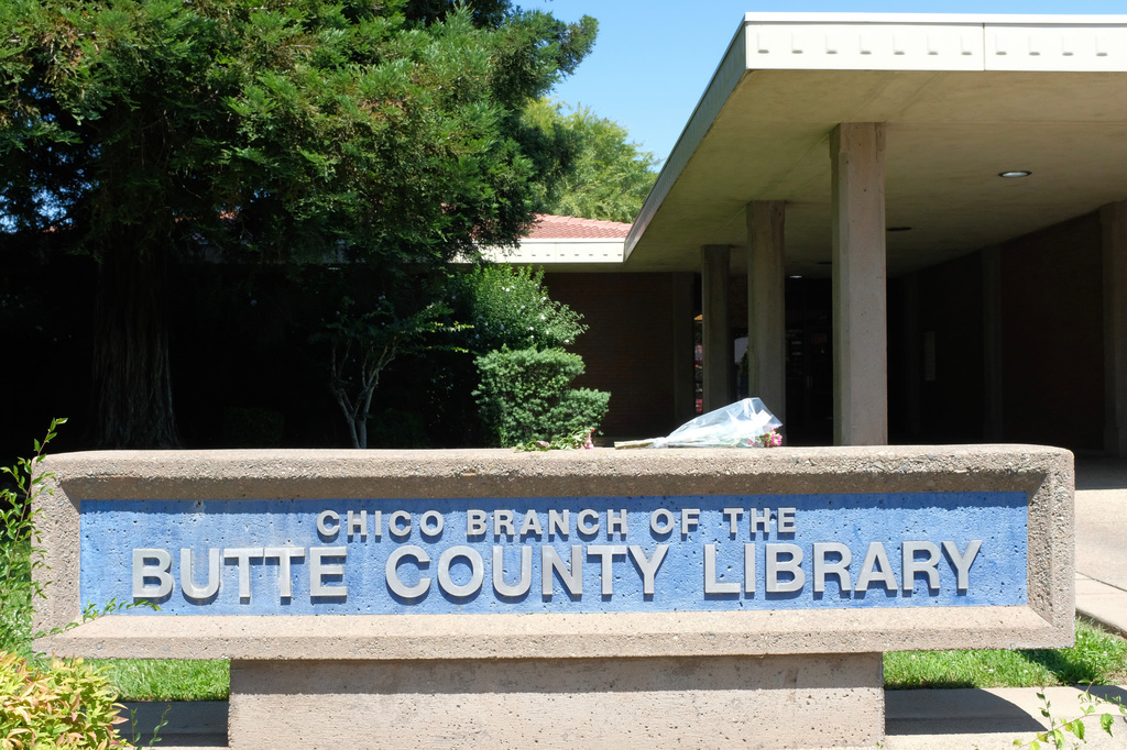 A sign is posted outside of the Chico branch of the Butte County Library a day after a shooting on Tuesday, June 23, 2026 in Chico, Calif. (Michael Weber/Chico Enterprise-Record via AP)