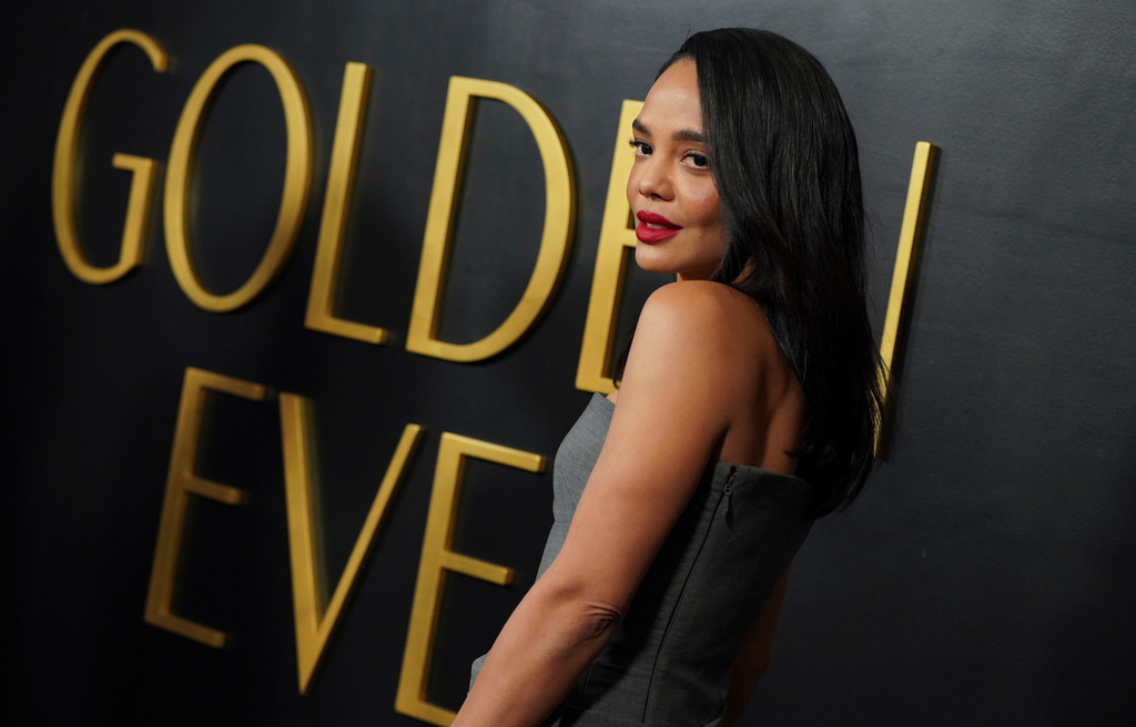 Tessa Thompson arrives at the Golden Globes Golden Eve on Tuesday, Jan. 6, 2026, at The Beverly Hilton Hotel, in Beverly Hills, Calif. (Photo by Jordan Strauss/Invision/AP)