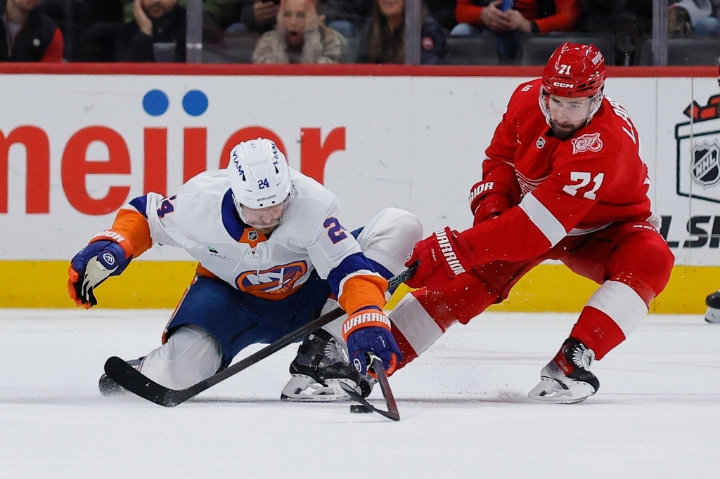 New York Islanders defenseman Scott Mayfield (24) battles Detroit Red Wings center Dylan Larkin (71) for the puck during the first period of an NHL hockey game Tuesday, Dec. 16, 2025, in Detroit. (AP Photo/Duane Burleson)