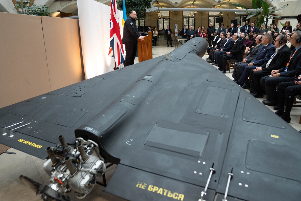 Ruslan Stefanchuk, Chairman of the Verkhovna Rada of Ukraine, addresses MPs and Peers in the Houses of Parliament, as an Iranian-made drone of Russian's army that was shot down and captured by the Ukrainian military goes on display at the Palace of Westminster, London, Wednesday Oct. 15, 2025. (Stefan Rousseau/PA via AP)