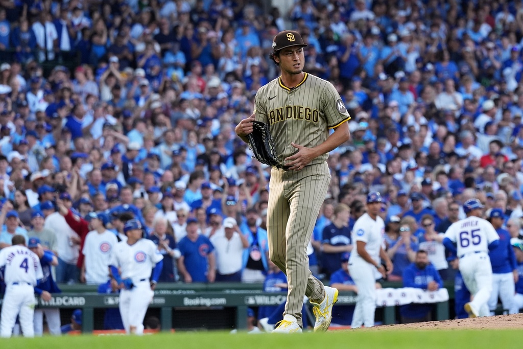 San Diego Padres' Yu Darvish leaves the game during the second inning of Game 3 of a National League wild card baseball game against the Chicago Cubs Thursday, Oct. 2, 2025, in Chicago. (AP Photo/Nam Huh)