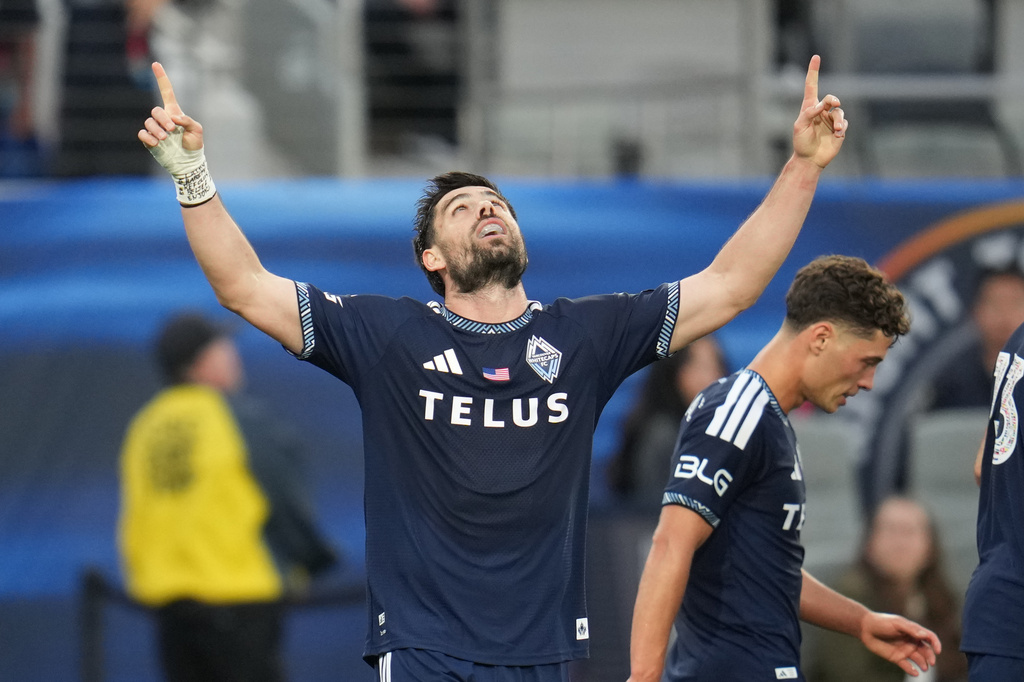 Vancouver Whitecaps FC forward Brian White celebrates his goal during the first half of an MLS soccer match against San Diego FC Saturday, May 23, 2026, in San Diego. (AP Photo/Gregory Bull)