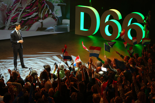 Rob Jetten, leader of the center-left D66 party, speaks on stage during exit poll results an election venue during a general election in Leiden, Netherlands, Wednesday, Oct. 29, 2025. (AP Photo/Peter Dejong) Rob Jetten, leader of the center-left D66 party, speaks on stage during exit poll results an election venue during a general election in Leiden, Netherlands, Wednesday, Oct. 29, 2025. (AP Photo/Peter Dejong)