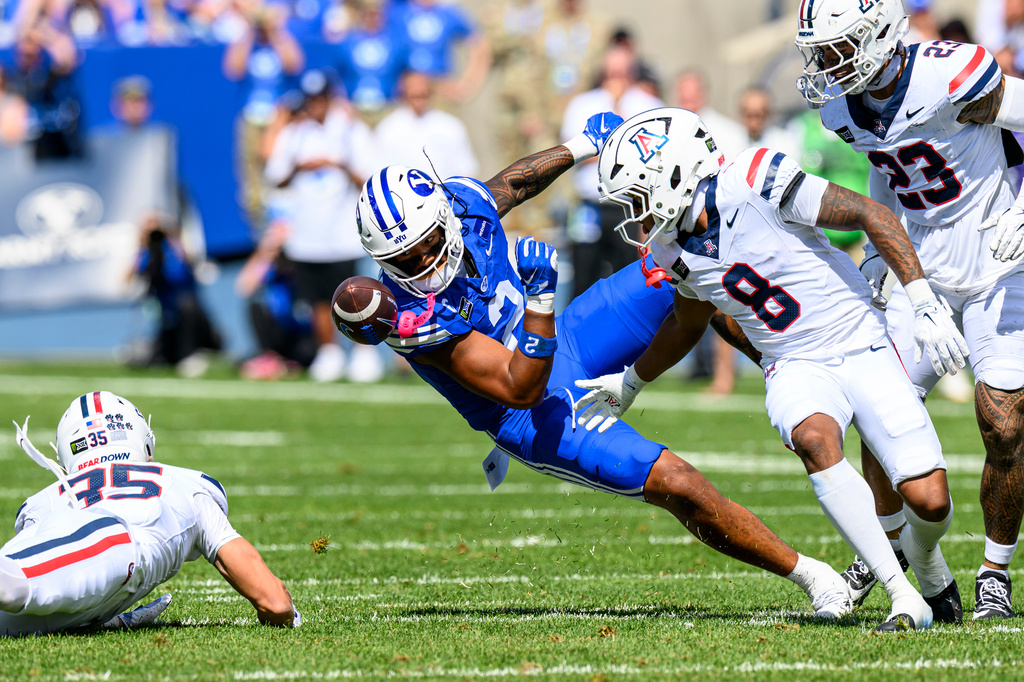 BYU tight end Roger Saleapaga II (2) cannot complete a catch during the first half of an NCAA college football game against Arizona, Saturday, Sept. 12, 2026, in Provo, Utah. (AP Photo/Tyler Tate)