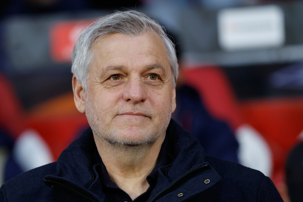 FILE - Lille's head coach Bruno Genesio stands before a first leg, round of 16 Europa League soccer match between Lille and Aston Villa in Lille, France, on Feb. 22, 2026. (AP Photo/Jean-Francois Badias, File)