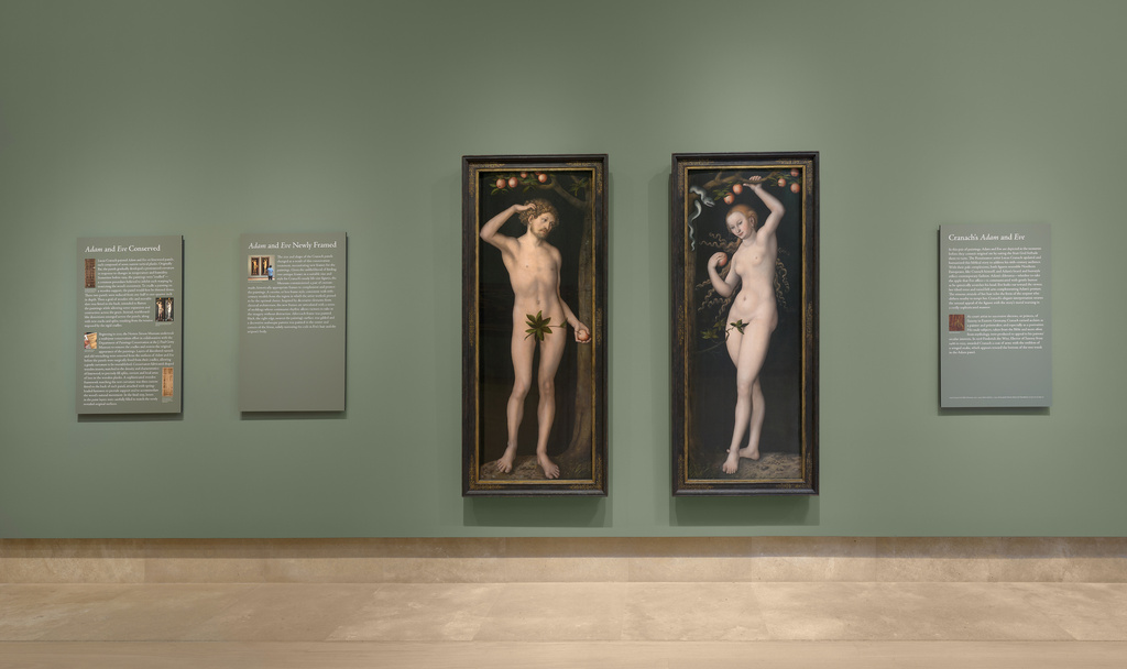 This undated photo provided by the Norton Simon Art Foundation on Friday, Sept. 18, 2026, shows two oil paintings, "Adam and Eve," painted in 1530 by Lucas Cranach the Elder, on display in the Norton Simon Museum in Pasadena, Calif. (Gerard Vuilleumier/Norton Simon Art Foundation via AP)