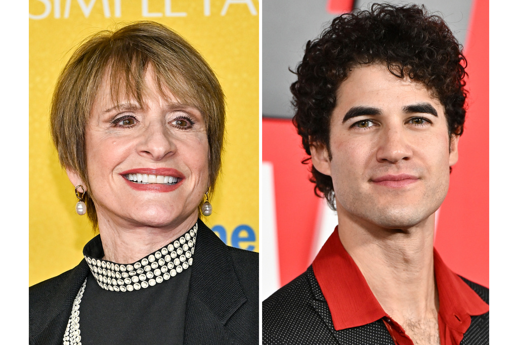 Patti LuPone appears at a screening of "Another Simple Favor" in New York on April 27, 2025, left, and Darren Criss appears at the premiere of "The Running Man" in New York on Nov. 9, 2025. (Photos by Evan Agostini/Invision/AP)