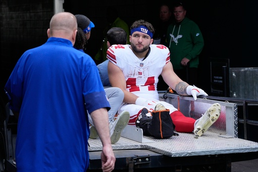 New York Giants running back Cam Skattebo (44) leaves the field after an injury during the first half of an NFL football game against the Philadelphia Eagles on Sunday, Oct. 26, 2025, in Philadelphia. (AP Photo/Chris Szagola) New York Giants running back Cam Skattebo (44) leaves the field after an injury during the first half of an NFL football game against the Philadelphia Eagles on Sunday, Oct. 26, 2025, in Philadelphia. (AP Photo/Chris Szagola)