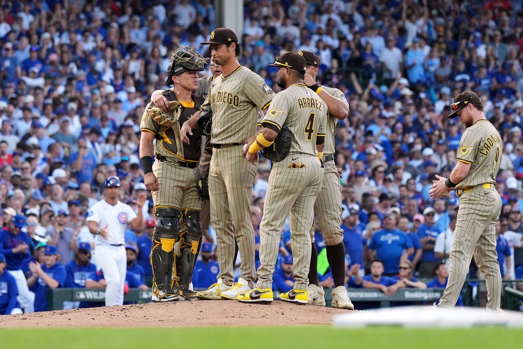 San Diego Padres' Yu Darvish waits to be pulled from the game during the second inning of Game 3 of a National League wild card baseball game against the Chicago Cubs Thursday, Oct. 2, 2025, in Chicago. (AP Photo/Nam Huh)