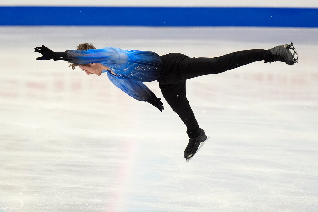 Italy's Matteo Rizzo during the Men's Free Skating on day four of the ISU European Figure Skating Championships in Sheffield, Thursday, Friday, Jan. 16, 2026. (Danny Lawson/PA via AP)
