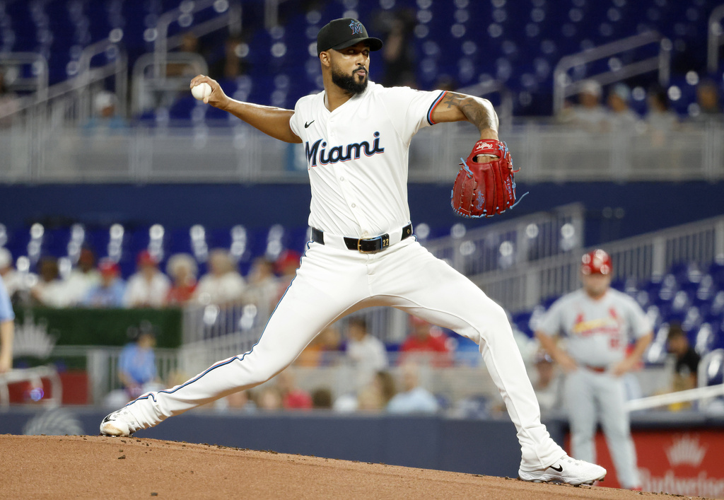 Miami Marlins pitcher Sandy Alcantara throws during the first inning of a baseball game against the St. Louis Cardinals, Wednesday, Aug. 20, 2025, in Miami. (AP Photo/Rhona Wise)
