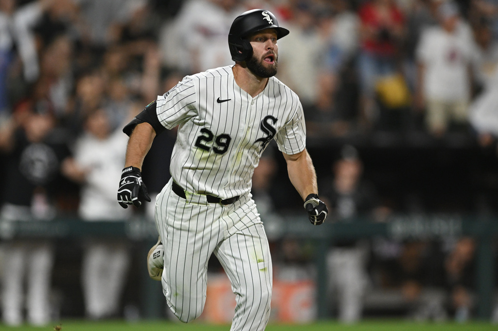 Chicago White Sox's Tristan Peters watches his two-run home during the fifth inning of a baseball game against the Texas Rangers in Chicago, Wednesday, Aug. 26, 2026. (AP Photo/Paul Beaty)