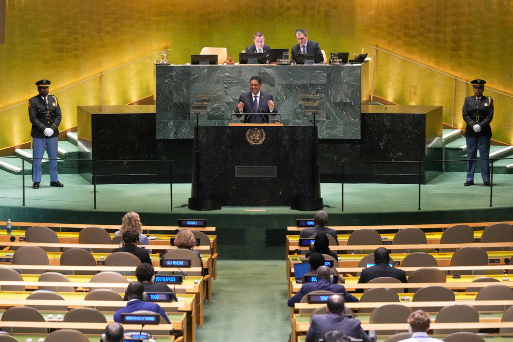 Haiti President Franck Laurent Saint Cyr addresses the 80th session of the United Nations General Assembly, Thursday, Sept. 25, 2025. (AP Photo/Richard Drew)