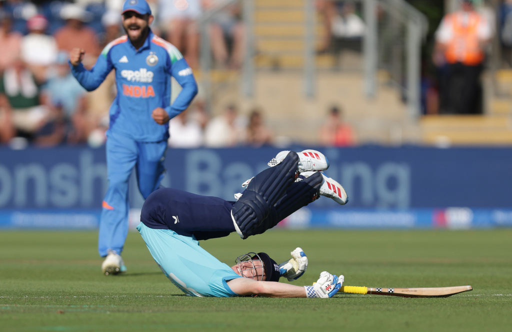 England's Harry Brook before being caught out during the second ODI between England and India at Sophia Gardens, Cardiff, Wales, Thursday July 16, 2026. (Steven Paston/PA via AP)