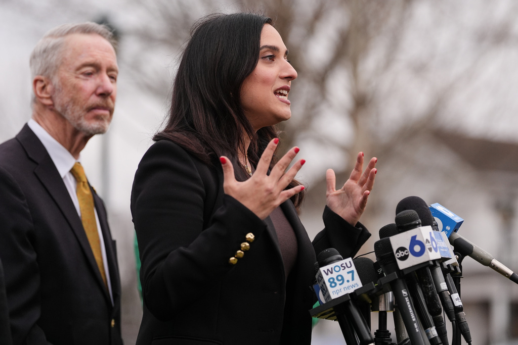 Rep. Yassamin Ansari, D-Ariz., speaks during a press conference following the congressional deposition of Les Wexner in the Jeffrey Epstein case, Wednesday, Feb. 18, 2026, in New Albany, Ohio. (AP Photo/Joshua A. Bickel)