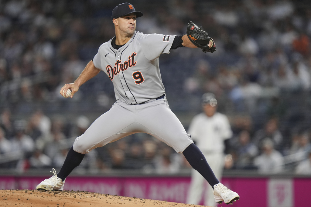 Detroit Tigers' Jack Flaherty pitches during the first inning of a baseball game against the New York Yankees Wednesday, Sept. 10, 2025, in New York. (AP Photo/Frank Franklin II)