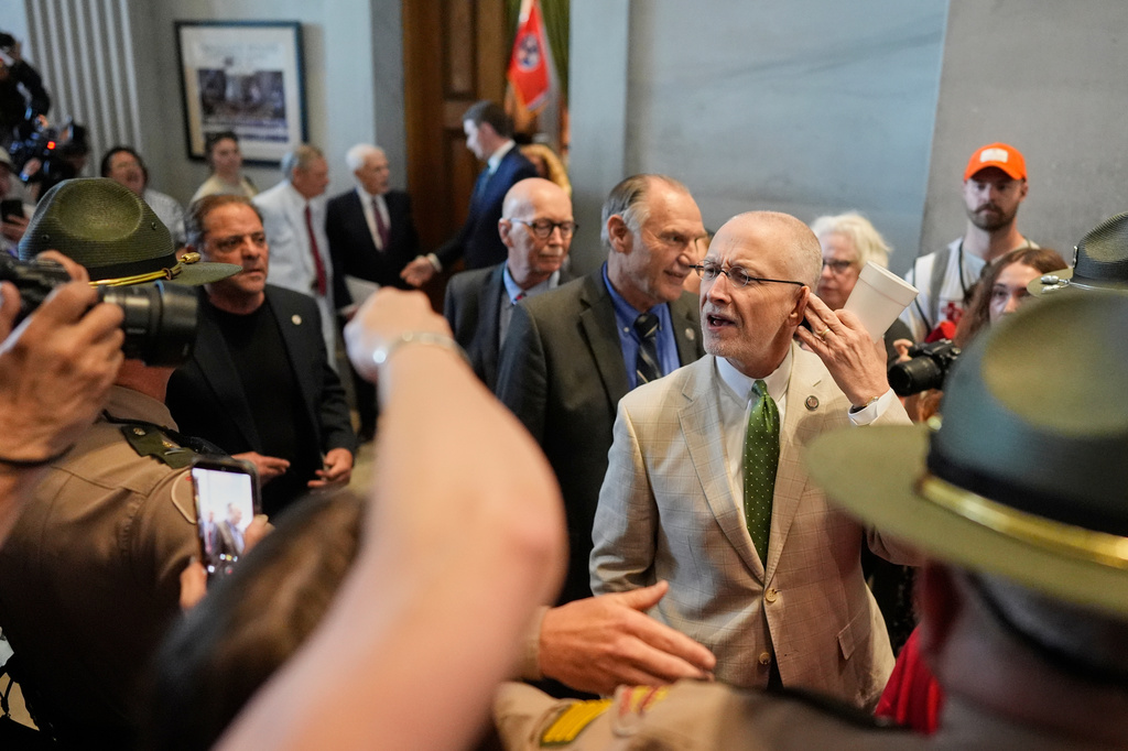 Sen. Brent Taylor, R-Memphis, taunts protesters as he leaves the Senate chamber after a special session of the state legislature to redraw U.S. Congressional voting maps, in Nashville, Tenn., Tuesday, May 5, 2026. (AP Photo/George Walker IV)