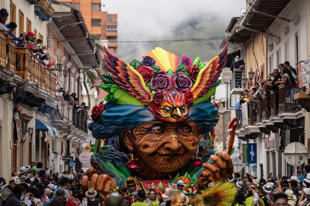 Revelers take part in the Black and White Carnival, recognized by UNESCO as Intangible Cultural Heritage, in Pasto, Colombia, Tuesday, Jan. 6, 2026. (AP Photo/Ivan Valencia)