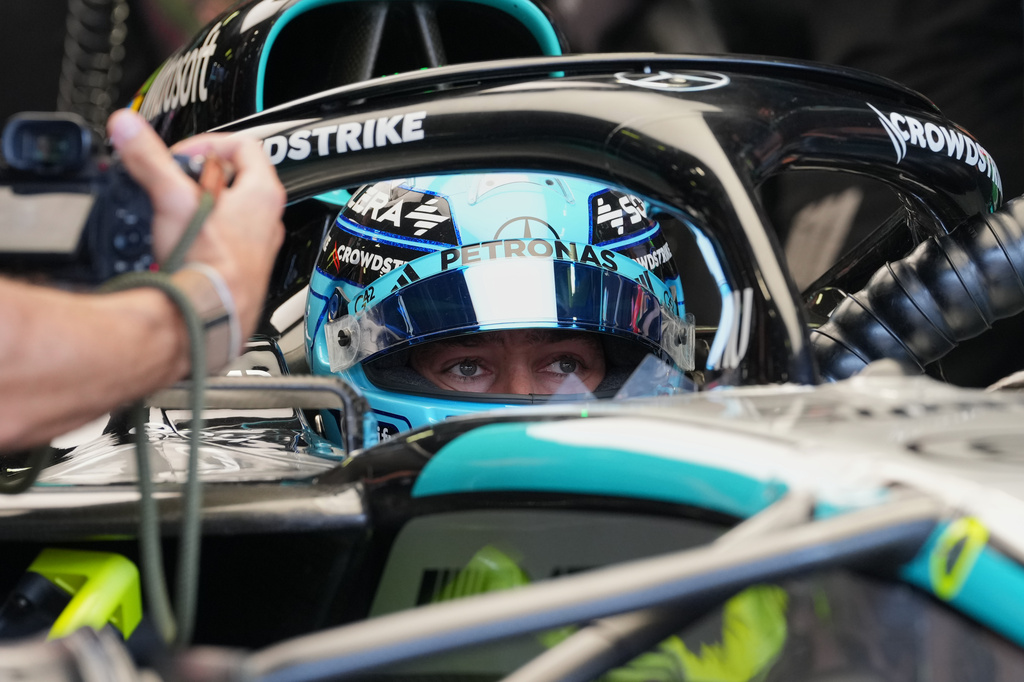 Mercedes driver George Russell of Britain steers his car during the third free practice ahead of the Italian Formula One Grand Prix, in Monza, Italy, Saturday, Sept. 5, 2026. (AP Photo/Antonio Calanni)