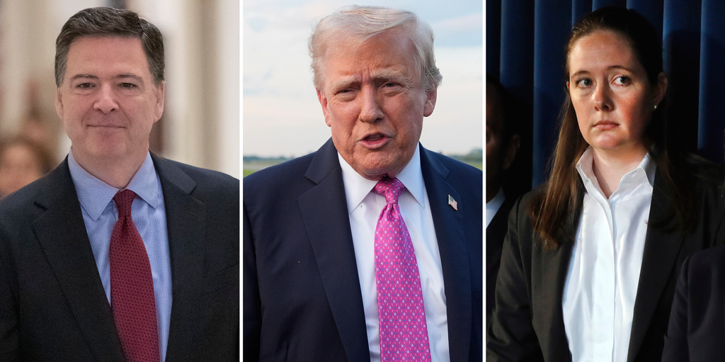 FILE - This photo combination shows, from left, former FBI Director James Comey in Washington, Dec. 7, 2018, President Donald Trump at Morristown Airport, Sept. 14, 2025, in Morristown, N.J., and Assistant U.S. Attorney Maurene Comey in New York, July 8, 2019. (AP Photo/J. Scott Applewhite, Alex Brandon, Richard Drew)