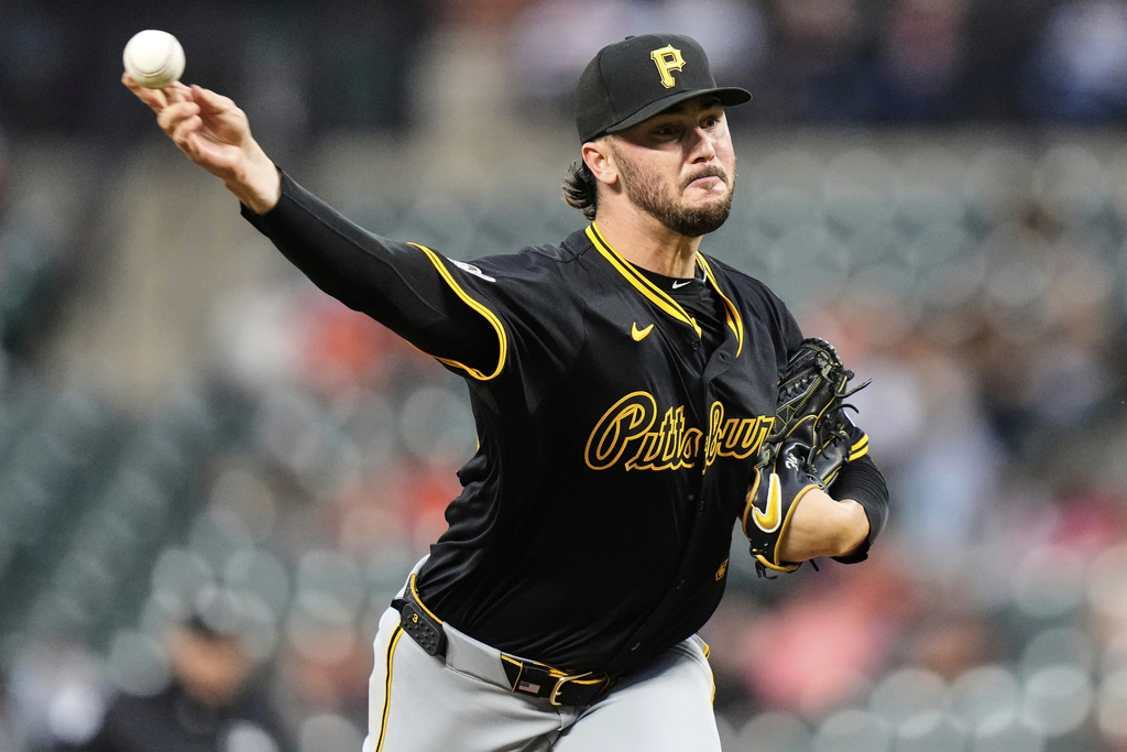 Pittsburgh Pirates starting pitcher Paul Skenes delivers during the first inning of a baseball game against the Baltimore Orioles, Wednesday, Sept. 10, 2025, in Baltimore. (AP Photo/Stephanie Scarbrough)