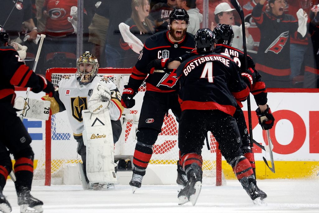 Carolina Hurricanes' Jordan Staal (11) celebrates after his goal against Vegas Golden Knights goaltender Carter Hart (79) during the third period in Game 2 of the NHL hockey Stanley Cup Final series in Raleigh, N.C., Thursday, June 4, 2026. (AP Photo/Karl DeBlaker)