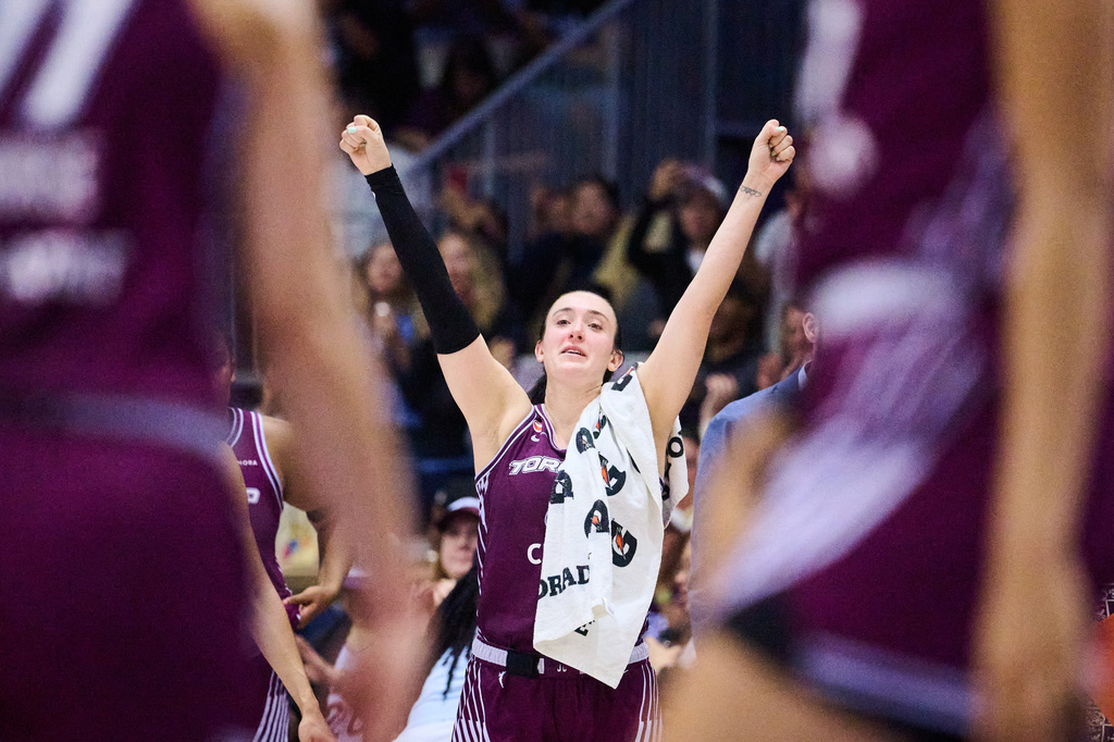Toronto Tempo's Marina Mabrey celebrates after her team's win over the Los Angeles Sparks during the second half of a WNBA basketball game in Toronto, Thursday, June 25, 2026. (Sammy Kogan/The Canadian Press via AP)