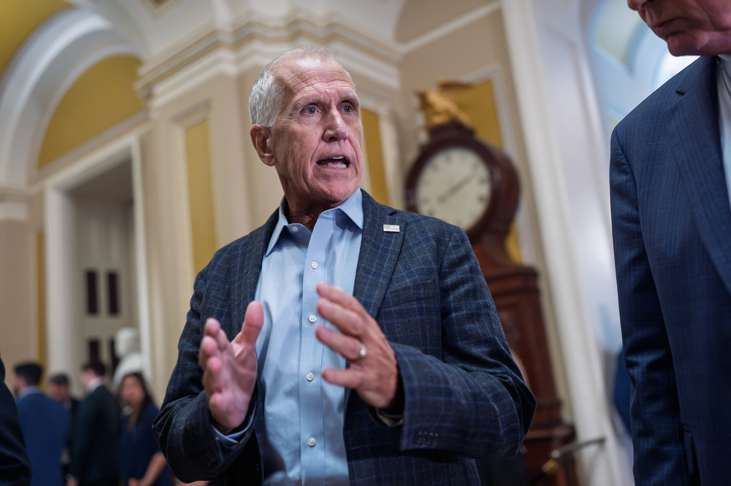 Sen. Thom Tillis, R-N.C., heads to the chamber following a closed-door meeting with fellow Republicans, at the Capitol in Washington, Tuesday, June 2, 2026. (AP Photo/J. Scott Applewhite)