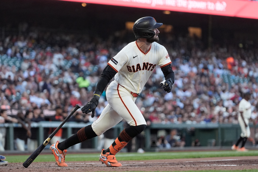 San Francisco Giants' Bryce Eldridge hits an RBI double against the St. Louis Cardinals during the fifth inning of a baseball game, Monday, Sept. 7, 2026, in San Francisco. (AP Photo/Jeff Chiu)