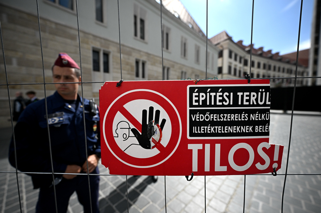 A construction sign prohibits entry to the former Karmelita Palace, which has previously housed the Prime Minister's Office, in the Castle District of Budapest, Hungary, Friday, May 15, 2026. (Robert Hegedus/MTI via AP)