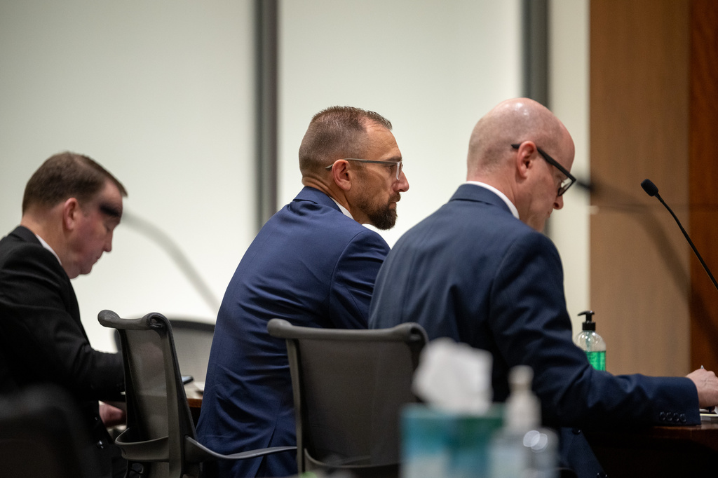 From left; Deputy Utah County Attorney Christopher Ballard, Deputy Utah County Attorney Ryan McBride and Deputy Utah County Attorney Chad Grunander appear in the 4th District Court in Provo, Utah, Tuesday, May 19, 2026 during a hearing for Tyler Robinson, accused in the fatal shooting of Charlie Kirk. (Trent Nelson/The Salt Lake Tribune via AP, Pool)