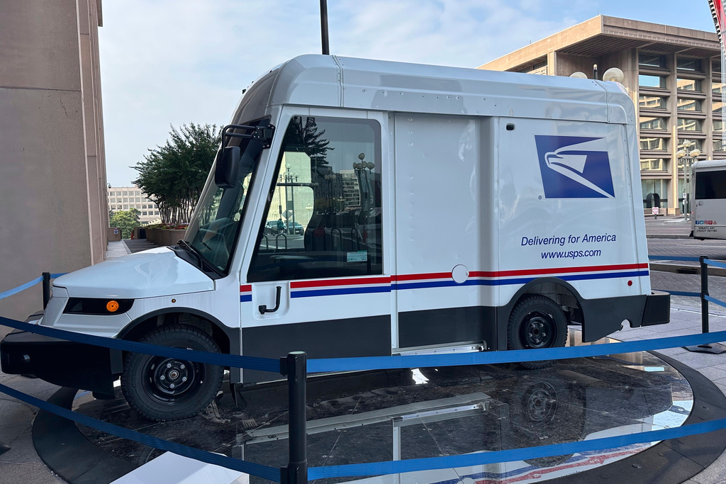 One of the U.S. Postal Service's new zero-emission electric Next Generation Delivery Vehicles (NGDV) is displayed in front of the organization's headquarters in Washington, on Aug. 7, 2025. (AP Photo/Susan Haigh)