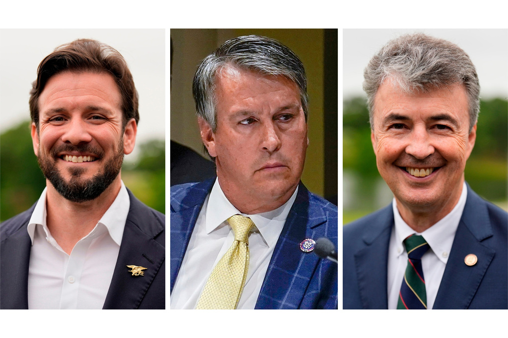 This combination of photos shows Republican candidates for U.S. Senate, from left, Jared Hudson on May 7, 2026, in Enterprise, Ala., Rep. Barry Moore on April 17, 2023, in New York, center, and Steve Marshall on May 7, 2026, in Enterprise, Ala., right. (AP Photo)